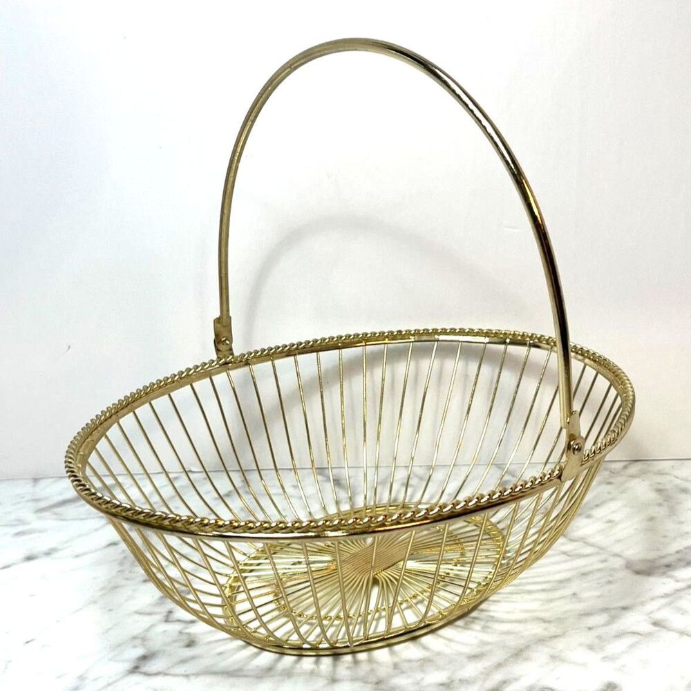 Vintage Brass Wire Basket 10.5"x8"Bread Fruit Folding Handle Kitchen Home Decor
